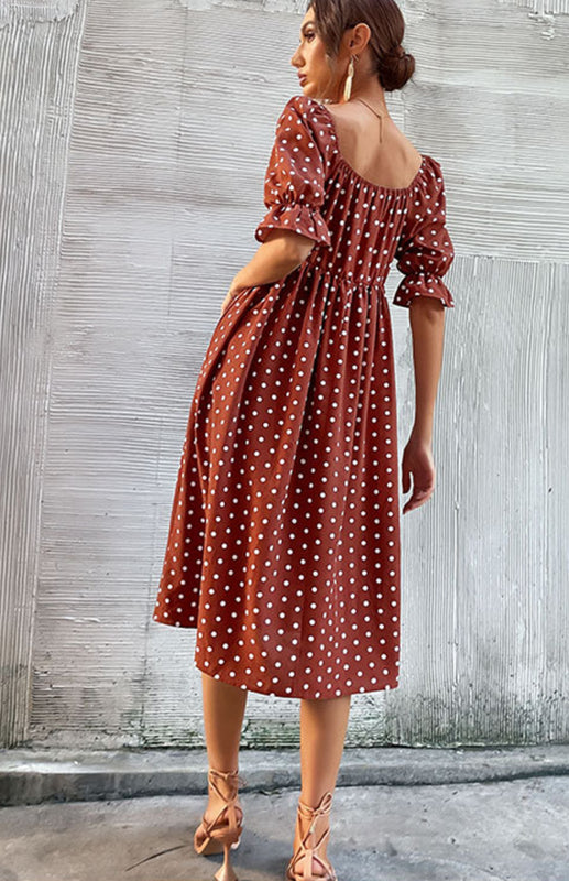 Polka Dot Midi Dress with Flounce Sleeves and Open Back Dresses - Chuzko Women Clothing