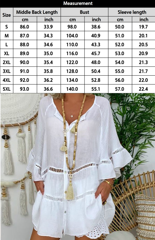 Women's Vacation: Oversized Button-Down 3/4 Sleeves Cotton Shirt Blouses - Chuzko Women Clothing
