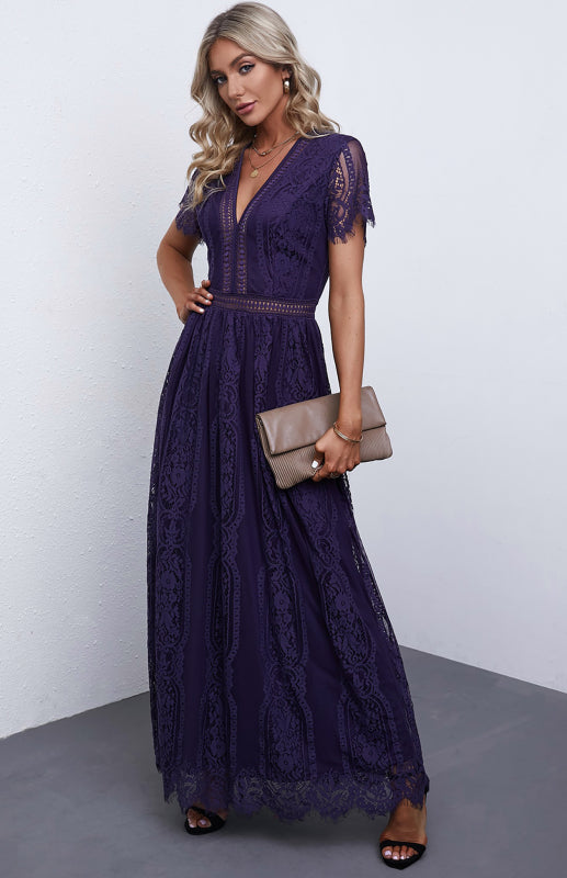 Elegant Overlay Guipure Lace Maxi Dress Dress - Chuzko Women Clothing