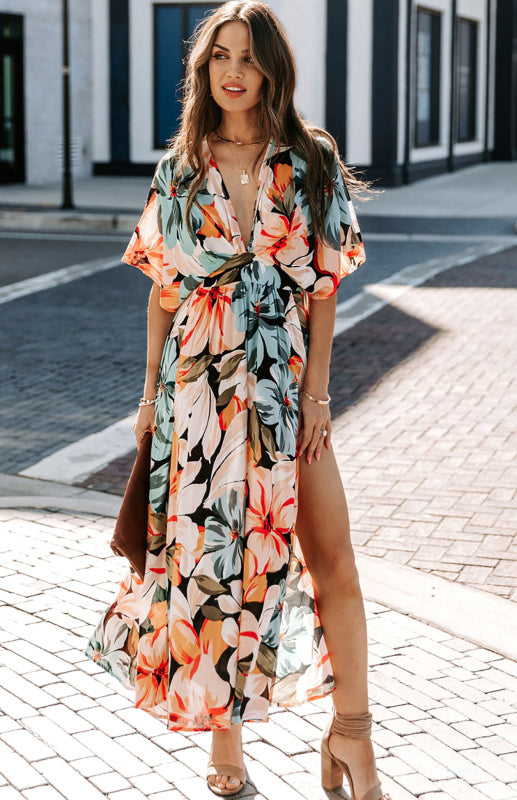Elegant Vacation Plunge Floral Slit Maxi Dress Dress - Chuzko Women Clothing