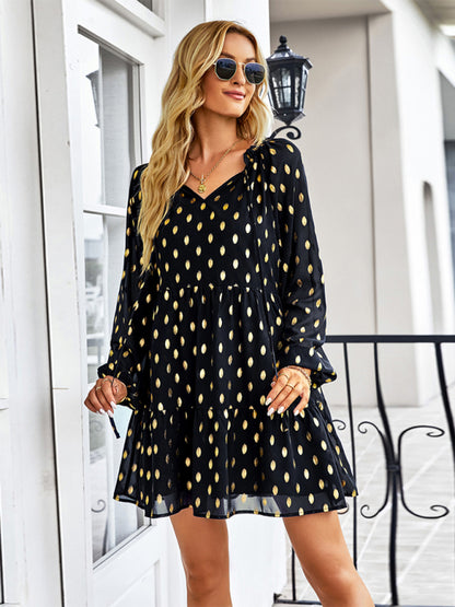Golden Dots Print Tiered Long Sleeve Dress Tiered Dresses - Chuzko Women Clothing