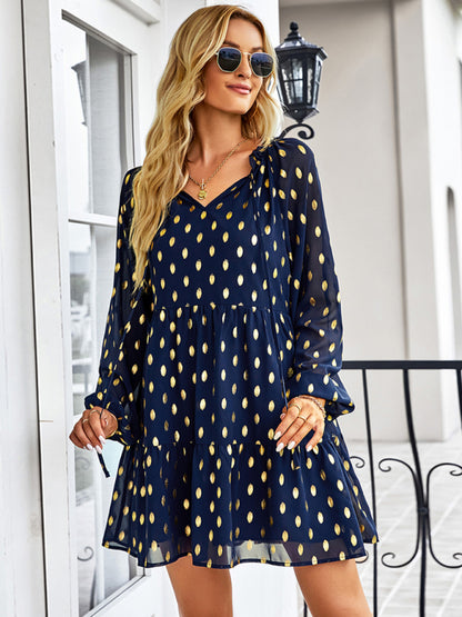 Golden Dots Print Tiered Long Sleeve Dress Tiered Dresses - Chuzko Women Clothing