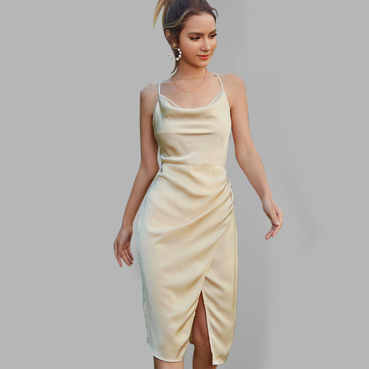 Elegant Cowl Neck Cami Slip Slit Dress Party Dresses - Chuzko Women Clothing