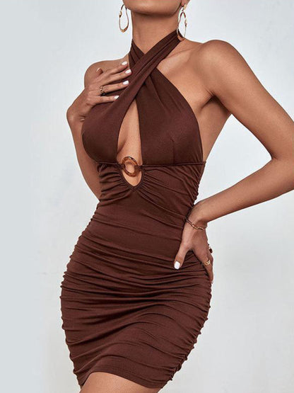 Seductive Silhouette: Women's Crossover Halter Neck Bodycon Mini Dress Dress - Chuzko Women Clothing