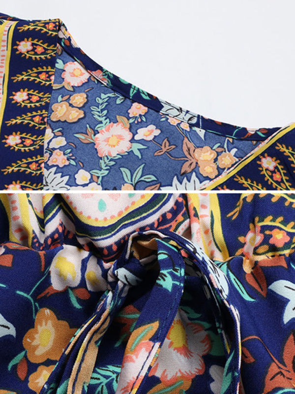 Boho Floral Wrap V-Neck, A-Line  Midi Dress Dress - Chuzko Women Clothing