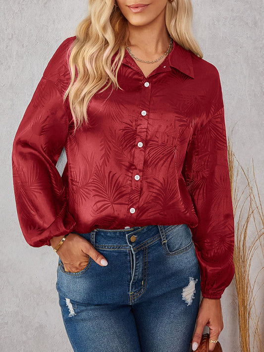 Women's Button-Down Shirt with Lapel Collar - Foliage Print Delight! Shirts - Chuzko Women Clothing