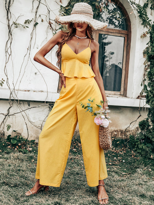 Solid Cotton Two-Piece Set -Cami Top and Wide-Leg Trousers Casual Suit (Top+ Pants) - Chuzko Women Clothing