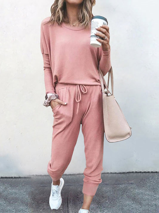 Cotton Duo 2-Piece Lounge Sport Outfit with Pants and Long Sleeve T-Shirt Lounge Set - Chuzko Women Clothing