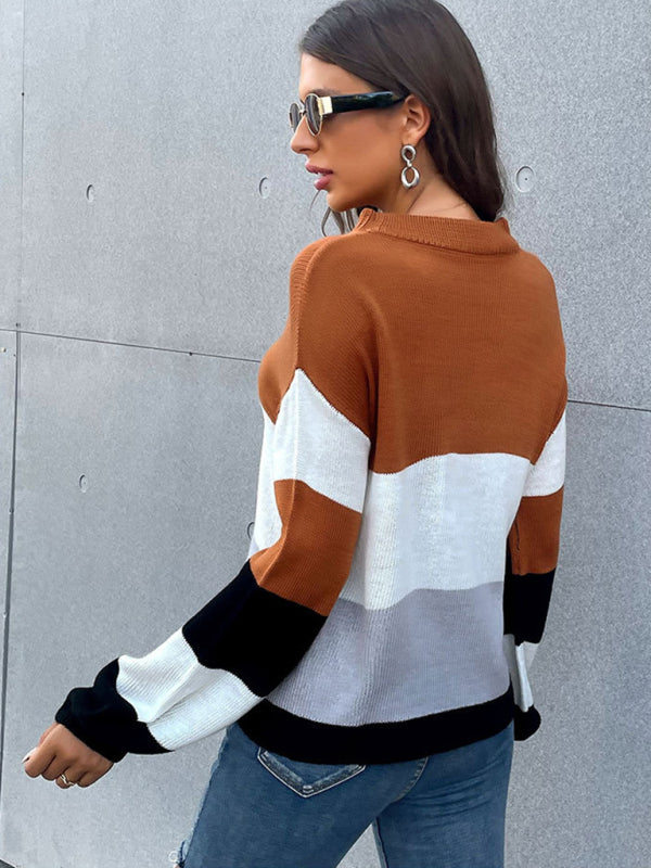 Knitted Color block Round Neck Sweater Sweaters - Chuzko Women Clothing