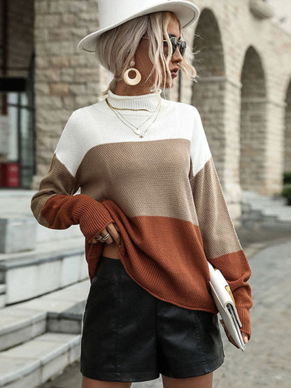 Waffle Knitted Colorblock High Neck Sweater Sweaters - Chuzko Women Clothing