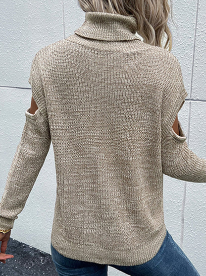 Solid Knitted Cold Shoulder Turtle Neck Sweater Sweaters - Chuzko Women Clothing