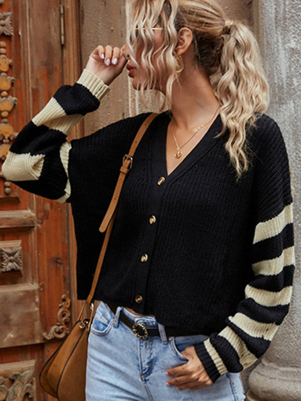 Stripe Knitting Button Sweater Cardigan Cardigans - Chuzko Women Clothing