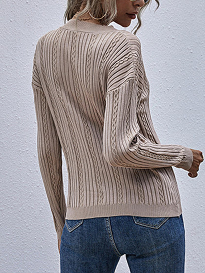 Cable Knitted V-Neck Sweater Sweaters - Chuzko Women Clothing