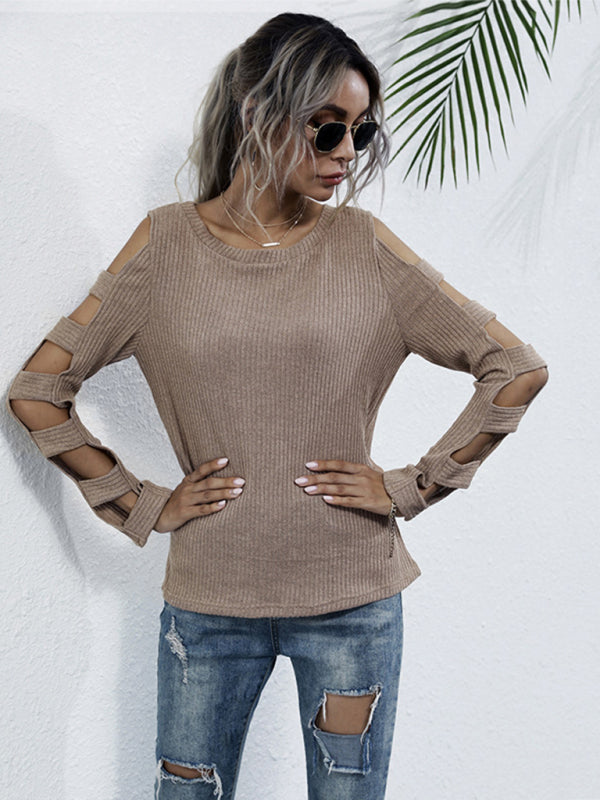 Solid Knitted Hollow Cold Shoulder Sweater Sweaters - Chuzko Women Clothing