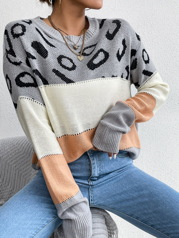 Patchwork Colors Block Animal Print Knitted Sweater Sweaters - Chuzko Women Clothing