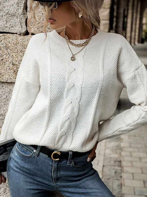 Solid Knitted Cable Drop Shoulder Sweater Sweaters - Chuzko Women Clothing
