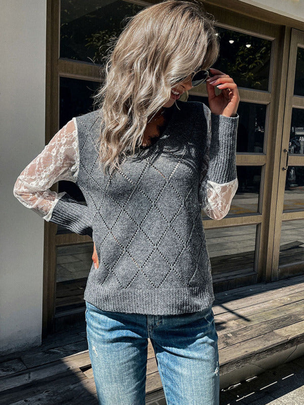 Knitted Diamond Lace Patchwork V-Neck  Sweater Sweaters - Chuzko Women Clothing