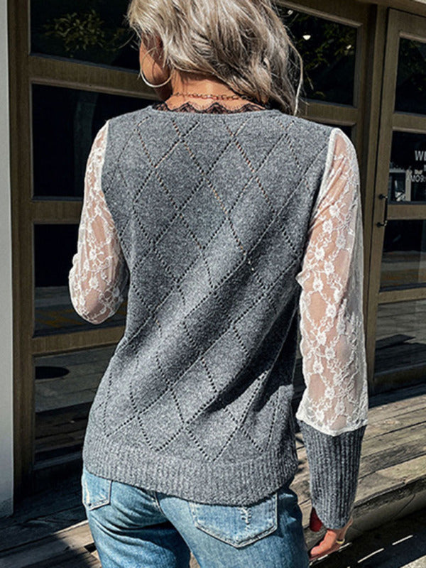 Knitted Diamond Lace Patchwork V-Neck  Sweater Sweaters - Chuzko Women Clothing