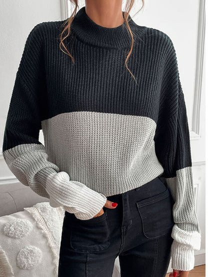 Classy Color Block Sweater: High Neck Knitwear Sweaters - Chuzko Women Clothing