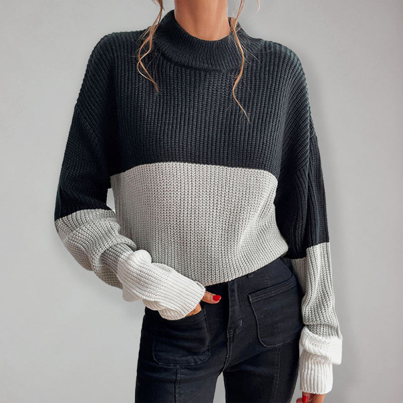 Classy Color Block Sweater: High Neck Knitwear Sweaters - Chuzko Women Clothing