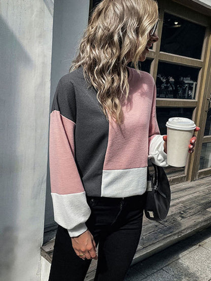 Patchwork Color Block Round Neck Sweater Sweaters - Chuzko Women Clothing