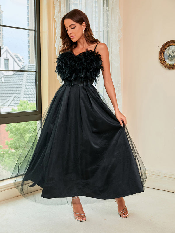 Evening Fit & Flare Cami Feather Tulle-Overlay Gown Dress with Slit Gowns - Chuzko Women Clothing