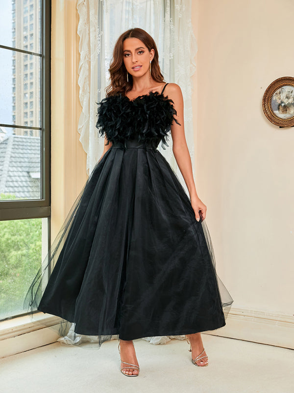 Evening Fit & Flare Cami Feather Tulle-Overlay Gown Dress with Slit Gowns - Chuzko Women Clothing