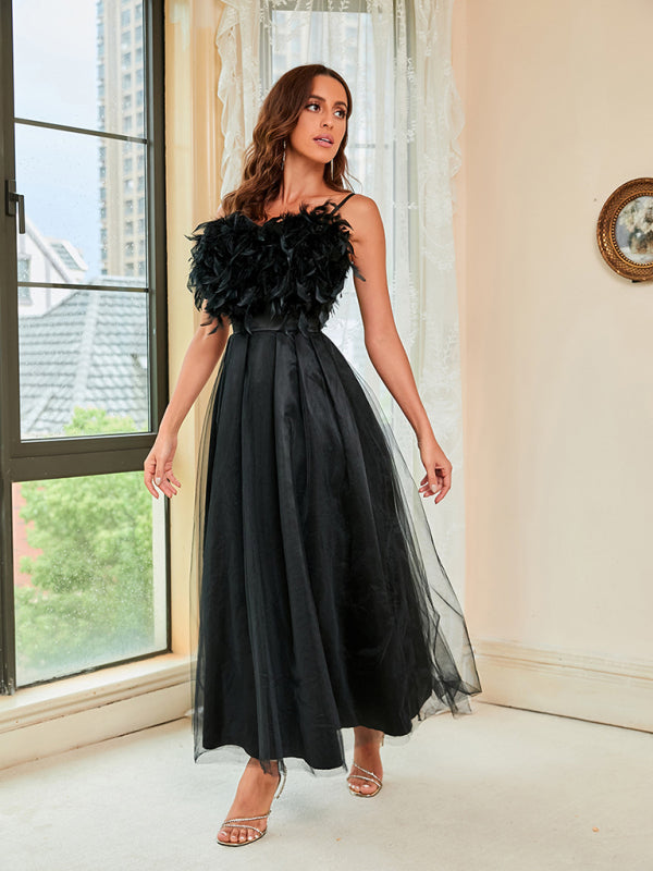 Evening Fit & Flare Cami Feather Tulle-Overlay Gown Dress with Slit Gowns - Chuzko Women Clothing