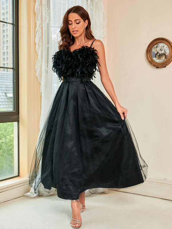 Evening Fit & Flare Cami Feather Tulle-Overlay Gown Dress with Slit Gowns - Chuzko Women Clothing