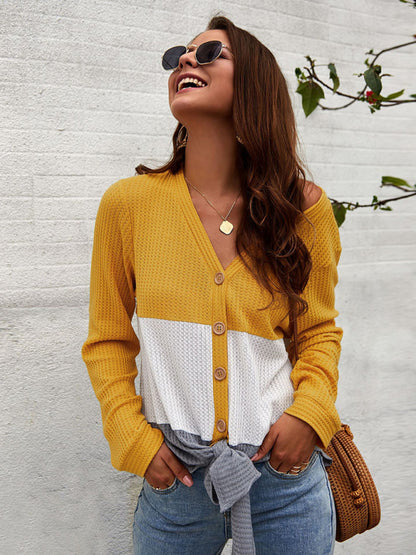 V Neck Knit Sweater Top - Women's Button-down Pullover Sweaters - Chuzko Women Clothing