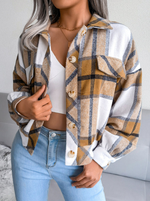 Plush Thick Flannel Plaid Jacket Crop Jackets - Chuzko Women Clothing