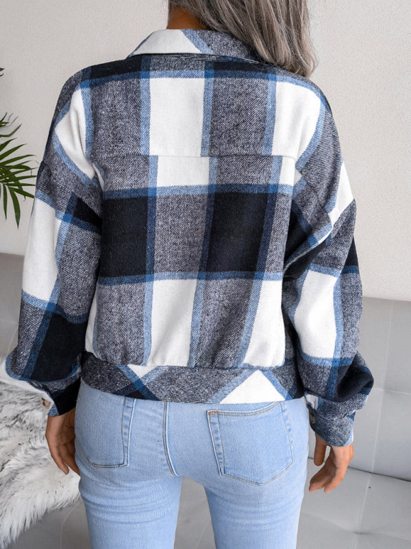 Plush Thick Flannel Plaid Jacket Crop Jackets - Chuzko Women Clothing