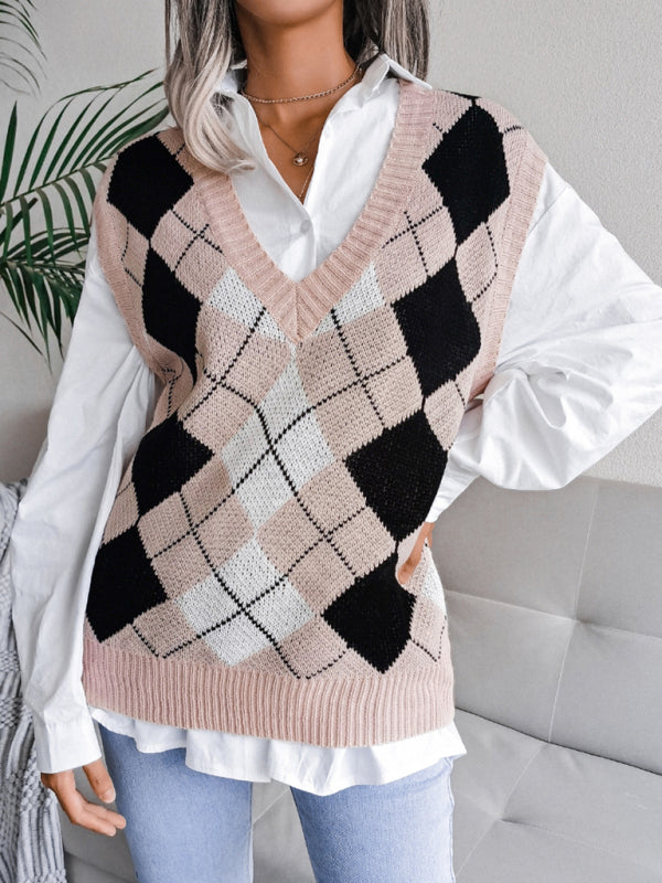 Diamond Knitted V Neck Sweater - Ribbed Vest Sweater Vests - Chuzko Women Clothing
