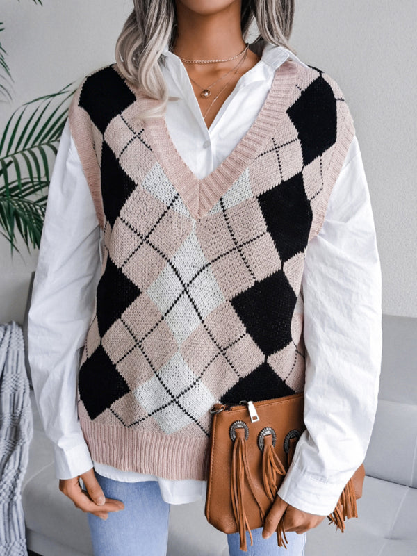 Diamond Knitted V Neck Sweater - Ribbed Vest Sweater Vests - Chuzko Women Clothing