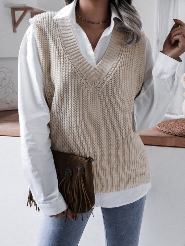 Knitted V Neck Sweater Vest Sweater Vests - Chuzko Women Clothing
