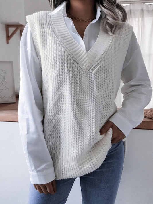 Knitted V Neck Sweater Vest Sweater Vests - Chuzko Women Clothing