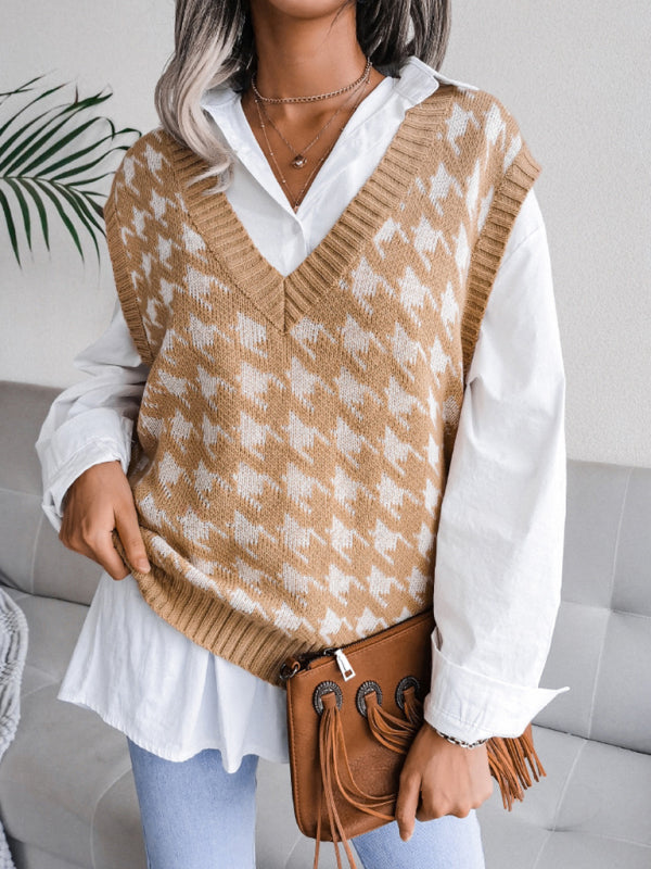 Knitted V Neck Sweater - Houndstooth Vest Sweater Vests - Chuzko Women Clothing