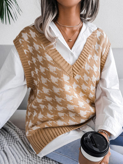 Knitted V Neck Sweater - Houndstooth Vest Sweater Vests - Chuzko Women Clothing