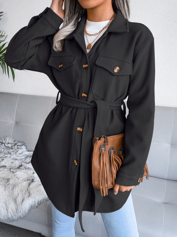Plush Wool Overcoat - Long Belted Jacket Overcoats - Chuzko Women Clothing