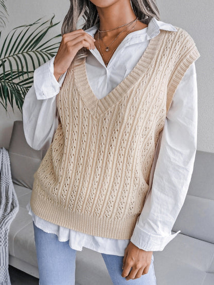 Knitted V Neck Sweater - Twist Cable Knit Vest Sweater Vests - Chuzko Women Clothing
