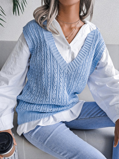 Knitted V Neck Sweater - Twist Cable Knit Vest Sweater Vests - Chuzko Women Clothing