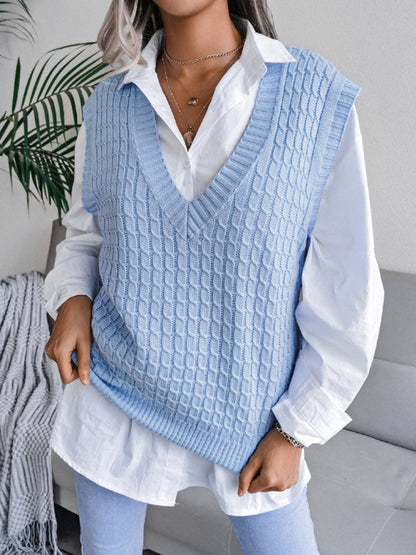 Knitwear Vest - V Neck Twist Knitted Sweater Sweater Vests - Chuzko Women Clothing