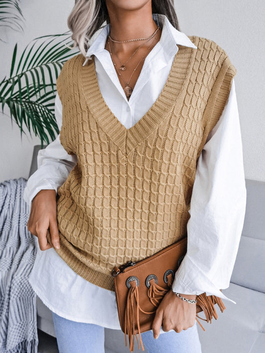 Knitwear Vest - V Neck Twist Knitted Sweater Sweater Vests - Chuzko Women Clothing