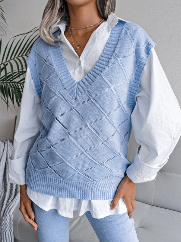 Knitted Sweater - Diamond Openwork Ribbed Vest Sweater Vests - Chuzko Women Clothing