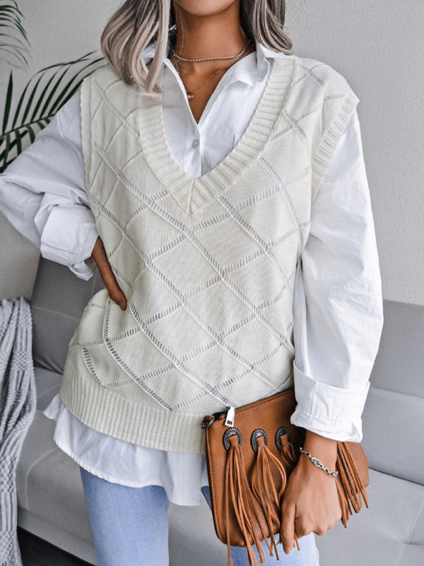 Knitted Sweater - Diamond Openwork Ribbed Vest Sweater Vests - Chuzko Women Clothing