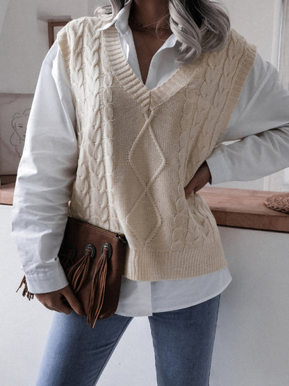 Rhombus Cable Knitted Vest - V Neck Sweater Sweater Vests - Chuzko Women Clothing