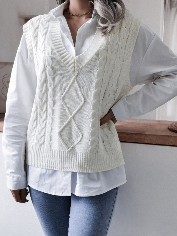 Rhombus Cable Knitted Vest - V Neck Sweater Sweater Vests - Chuzko Women Clothing