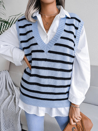 Stripe Knit V Neck Vest - Fall-Winter Sweater Sweater Vests - Chuzko Women Clothing
