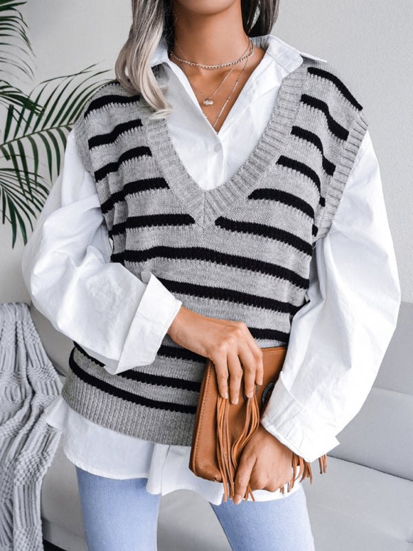 Stripe Knit V Neck Vest - Fall-Winter Sweater Sweater Vests - Chuzko Women Clothing