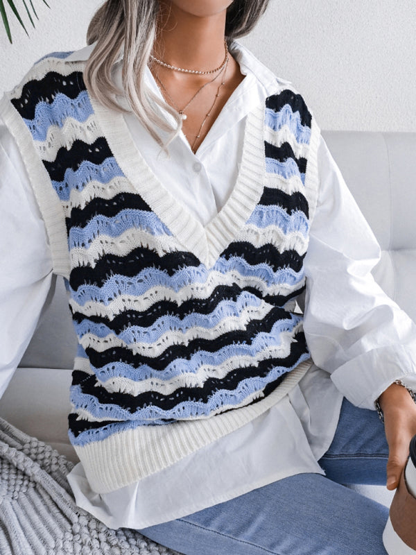 Stripe Knit V Neck Ves - Knitwear Sweater Sweater Vests - Chuzko Women Clothing